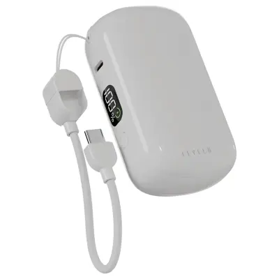 Levelo Montego 10000mAh PD 20W Fast Charging Power Bank with Built-In Grip Cable, LED Battery Display & Type-C Input/Output White
