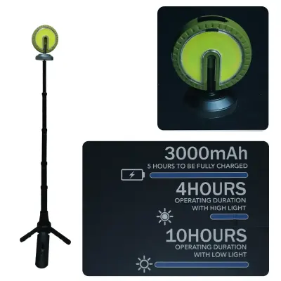 OMEGA Rechargeable Camping Torch with Tripod Stand – 3000mAh Battery, Adjustable Height (16–44 cm), Solar Charging, Multi-Color COB Light