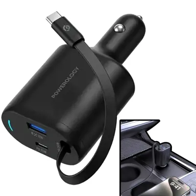 Powerology 115W Retractable Car Charger – 2x Type-C + USB-A, PD 65W Fast Charging, 1M Built-in Cable, Compact Car Power Adapter