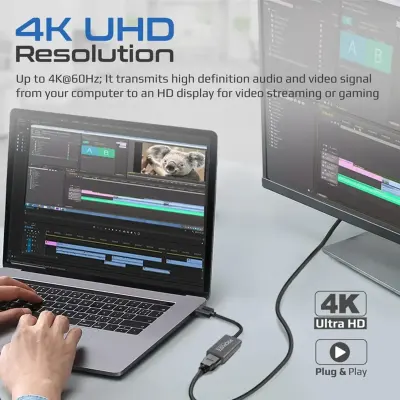 بروميت محول DisplayPort إلى HDMI بدقة 4K ومعدل تحديث 60 هرتز، بطول 20 سم، مزود بموصل DisplayPort 1.2 ذكر إلى HDMI 2.0 أنثى، وموصلات مطلية بالذهب، وكابل مضفر.