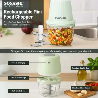 Sonashi Rechargeable Mini Electric Food Chopper with 400ml Capacity, 6-Layer Stainless Steel Blades, USB Type-C Charging