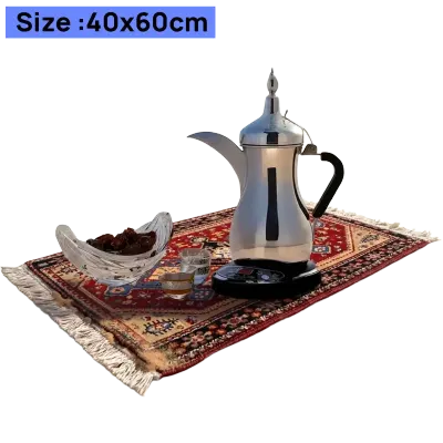 Camping Family 40 X 60 cm Traditional Arabic Tea Set Carpet with Decorative Persian Style Geometric Pattern, Compact Portable Camping Rug for Arabic Coffee and Tea Serving Red & Blue