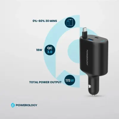 Powerology 115W Retractable Car Charger – 2x Type-C + USB-A, PD 65W Fast Charging, 1M Built-in Cable, Compact Car Power Adapter