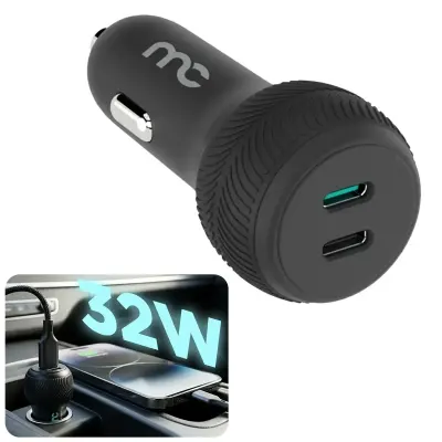 mycandy 32W Dual-Port Fast Car Charger with 20W USB-C Power Delivery & 12W USB-A Output, 12–24V Vehicle Compatibility, 1m USB-C to Lightning Cable, Smart Power Management & Compact Tyre-Tread Design