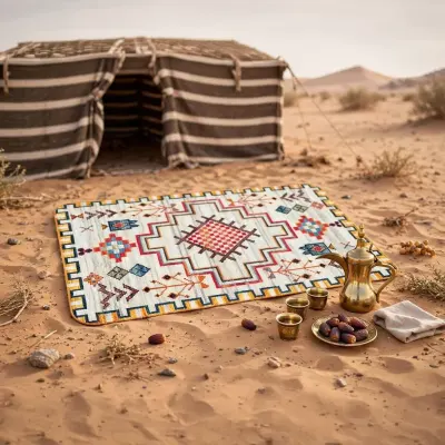 Camping Family Traditional Arabic Tea Set Carpet 30 X 50cm, Portable Decorative Mini Rug with Oriental Geometric Patterns for Arabic Coffee and Tea Serving White