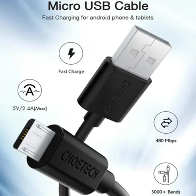 CHOETECH USB To Micro USB 2.0 Fast Charging Cable with 1.2 Meter Length, CHOETECH AB003-BK - Black