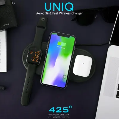 يونيك قاعدة شاحن لاسلكي سريع 3 في 1 10 واط مع محول طاقة وكابل شحن USB-C، UNIQ Aereo - فحمي