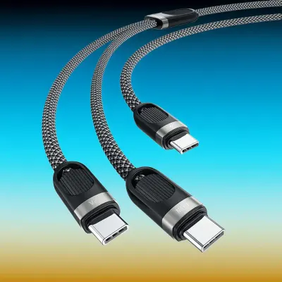 PorodoBlue Dual Type-C Cable with 60W Fast Charging, Dual Output, and 480Mbps Data Transfer. Durable 1.2M USB-C PD Cable For Multiple Devices