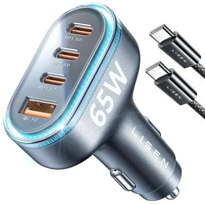 Lisen 4-Port Car Charger Adapter For Fast Charging Multiple Devices. Compact, Durable Design With Universal Compatibility For Phones And Tablets In Vehicles