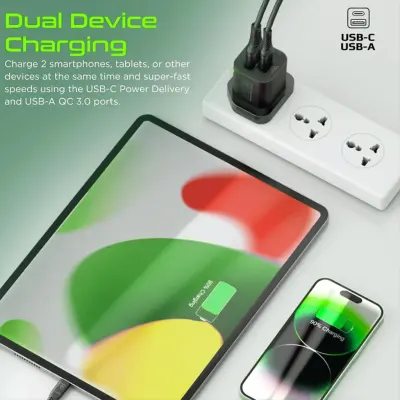 Promate Ultra-Fast Dual Port AC Charger With 25W Power Delivery And Qc 3.0, Promate Powerport-25AC