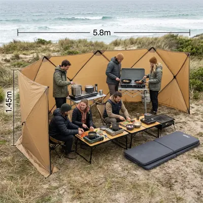 Camping Family Portable Oxford Cloth Camping Windbreak Screen 5.8M X 1.45M with Foldable Support Frame, Outdoor Wind Barrier and Carrying Bag