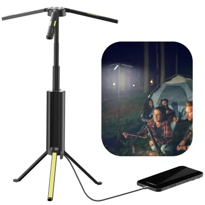 Powerology Portable foldable camping lamp with tripod stand — 5-ft tall, super-bright 3000-lumen, splash-proof (IP54) with built-in 15,600mAh power bank