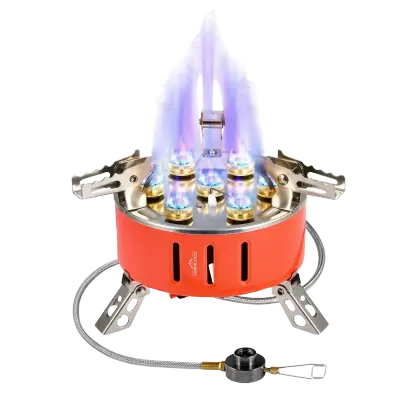 Camping Family Portable 7-Burner High-Power Gas Camping Stove with 28500W Advertised Firepower, 100cm Gas Hose, Foldable Metal Pot Supports and Carrying Bag
