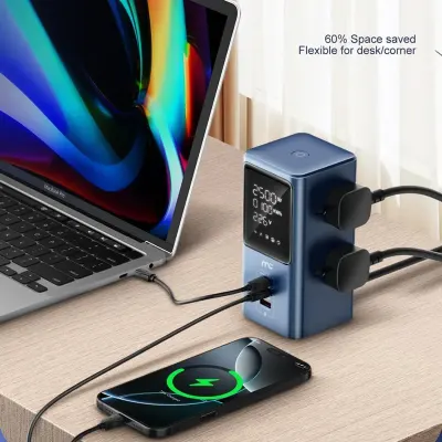 mycandy PS-E200 45W Power Socket Charging Station with 4 Universal AC Outlets, 2 USB-C Ports, USB-A Fast Charging Port, Digital Power Display, 2500W Output, Smart Protection and Space-Saving Desktop Design for Home, Office, Laptop and Mobile Devices
