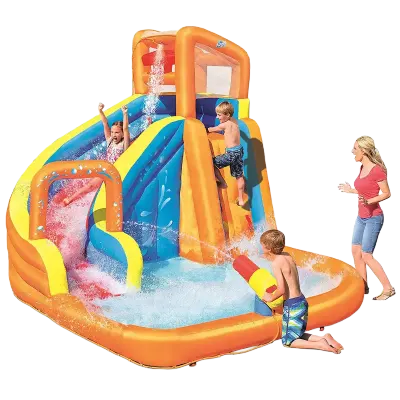 Generic Inflatable Kids Mega Water Park with Giant Curved Water Slide, Large Splash Pool, Climbing Wall, Overhead Water-Dumping Bucket, Water Blaster, Crawl-Through Tunnel