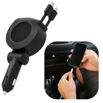 Combo Car Charger with Built-in Retractable USB-C Cables + Foldable Magnetic Car Phone Holder