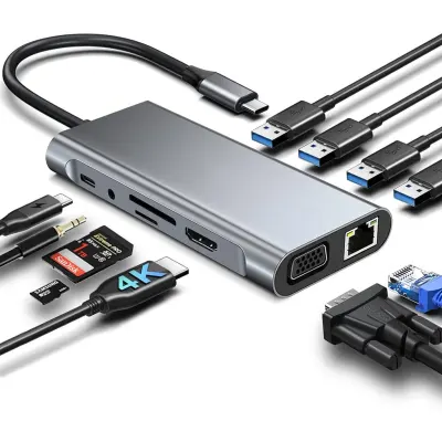 MpBlberri 11-in-1 Type-C to Multi-function Dock Station with 1 HDMI(Female), 1 VGA(Female), 1 RJ45, 1 USB 3.0, 3 USB 2.0, 1 Type-C(PD), 1 TF/SD and 1 3.5mm Jack, MpBlberri BLB-OT560 - Black & Grey