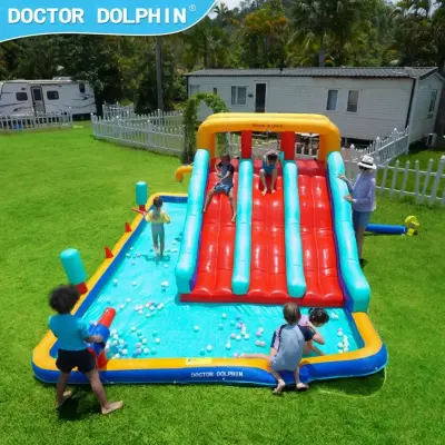 Generic FLOBO Inflatable Triple-Lane Water Slide with Large Splash Pool, Water Sprinkler, Climbing Area, Water Cannon and 450W Air Blower, Outdoor Kids Water Park