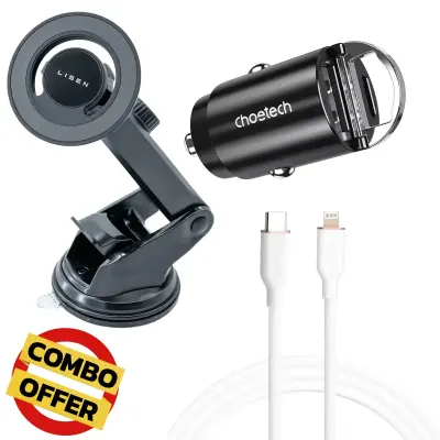 Combo 30W Dual-Port Car Charger + Magnetic Car Phone Holder + USB-C to Lightning Cable