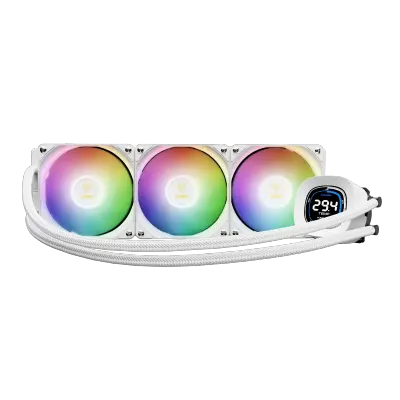 GAMDIAS AURA GL360 DIGITAL White 360mm AIO Liquid CPU Cooler with 2.1-Inch Real-Time Digital Display, Triple 120mm PWM ARGB Hydraulic Fans, Upgraded Copper Base, Optimized Fluid Running System, ZEUS CAST Monitoring Software and Intel LGA1851 AMD AM5 Support
