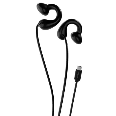 Porodo Voxen Clip-On Open-Ear USB-C Wired Earphones with 11mm Audio Drivers, Built-In Microphone, In-Line Volume and Playback Controls, Secure Sports Fit, 1.2m Braided Cable and Lightweight 17g Design Black