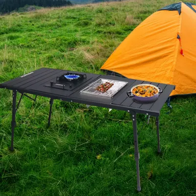Porodo All-in-One Folding Camping Table with Built-In Camping Gas Stove & Camping Grill