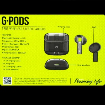 Goui True Wireless Earset with High Quality Sound and 16 Hours Playtime, Goui G-EARTRA-3A - Black & Green