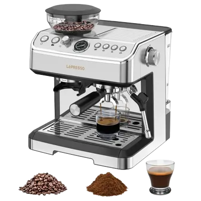 Lepresso DolceLinea 20 Bar Espresso Coffee Machine with Built-In Adjustable Conical Burr Grinder, 1350W Heating System, 2.8L Water Tank and Steam Wand