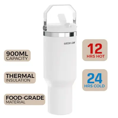 Green Lion Rover Vacuum Tumbler 900ml – Double-Wall Insulated Stainless Steel Water Bottle with Straw Lid, Portable Handle, 12H Hot & 24H Cold Retention