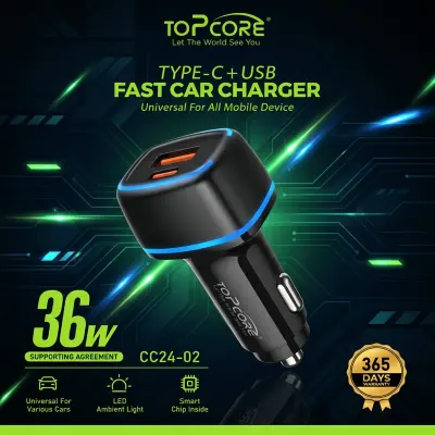 TopCore 36W Dual Port USB-C Car Charger PD Fast Charging Adapter