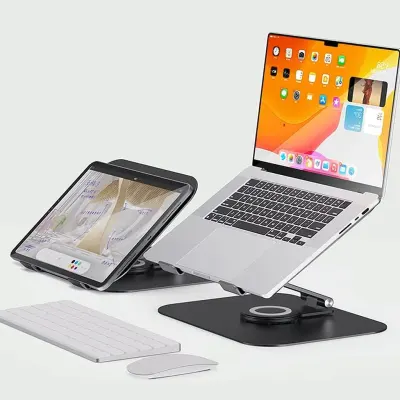 Porodo Tablet Stand with Aluminum Alloy Holder, Adjustable Angle, and 360° Rotation, Porodo - Grey