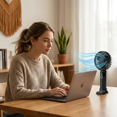 Porodo Chillo Air 1200mAh Rechargeable Portable Handheld Fan with LED Power Display, USB-C Charging, Detachable Base & Phone Stand