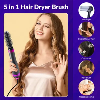 Olsenmark 5 In 1 Hair Multifunctional Dryer & Styler, For Straighten / Dry / Curl Hair, Adjustable Heat Settings, 800W Power, 4 Interchangeable Brush, Olsenmark OMH4115 - Black