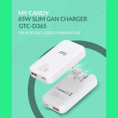 mycandy 65W GaN Slim Travel Charger USB-C PD & USB-A Fast Charging Adapter for Laptops, Smartphones & Tablets