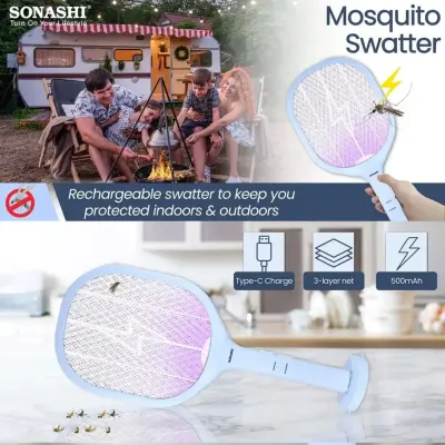 Sonashi Rechargeable Electric Mosquito Killer Swatter with 3000V Power, UV Light Attractant, Type-C Port, and Charging Base