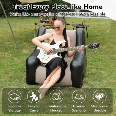 Green Lion Single-Seater Inflatable Sofa with Manual Pump, 300kg Load Capacity, Ultra-Soft Flocked PVC Surface, 2-Minute Quick Inflation, Ergonomic Armrests and Foldable Portable Design for Home, Camping and Outdoor Use – Beige and Black