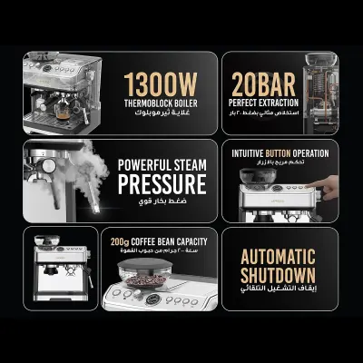 Lepresso DolceLinea 20 Bar Espresso Coffee Machine with Built-In Adjustable Conical Burr Grinder, 1350W Heating System, 2.8L Water Tank and Steam Wand