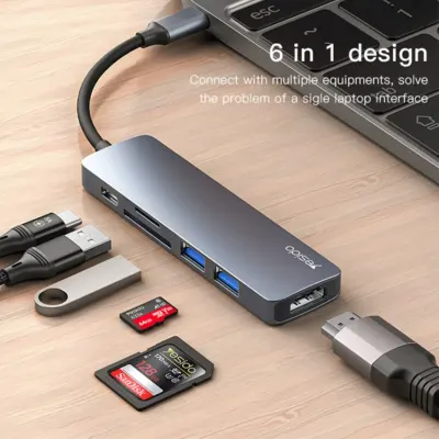 MpBlberri 6-in-1 Type-C to Multi-function Dock Station with (1 HDMI 4K), (SD/TF), (2 USB-A), (1 Type-C PD 3.0) Ports, MpBlberri BLB-OT559 - Black & Grey