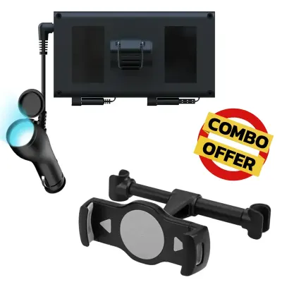 Combo 65W Backseat Car Charger with Built-in Type-C & Lightning Cables + Headrest Car Phone Holder
