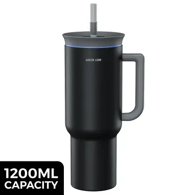 Green Lion Brighton Vacuum Travel Mug 1200ml – Double-Wall Insulated Stainless Steel Tumbler with 2-in-1 Sip & Straw Lid, Ergonomic Handle, 12H Hot & 24H Cold Retention Black