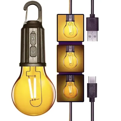 Generic Portable Rechargeable Vintage Camping Light Bulb – Type-C Warm Light Hanging Tent Lantern