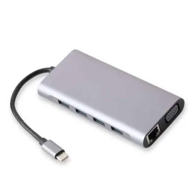 MpBlberri 11-in-1 Type-C to Multi-function Dock Station with 1 HDMI(Female), 1 VGA(Female), 1 RJ45, 1 USB 3.0, 3 USB 2.0, 1 Type-C(PD), 1 TF/SD and 1 3.5mm Jack, MpBlberri BLB-OT560 - Black & Grey