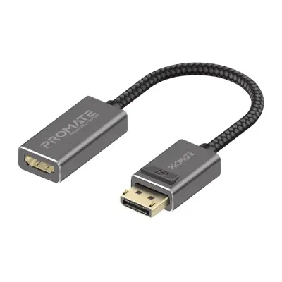 بروميت محول DisplayPort إلى HDMI بدقة 4K ومعدل تحديث 60 هرتز، بطول 20 سم، مزود بموصل DisplayPort 1.2 ذكر إلى HDMI 2.0 أنثى، وموصلات مطلية بالذهب، وكابل مضفر.