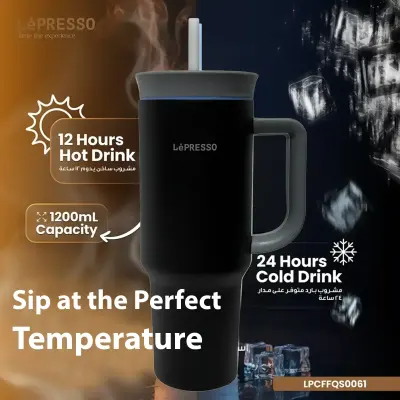 Lepresso QuirkSip Double Wall Vacuum Insulated Travel Tumbler 1200ml - Stainless Steel Water Flask Mug with Handle and Straw Black