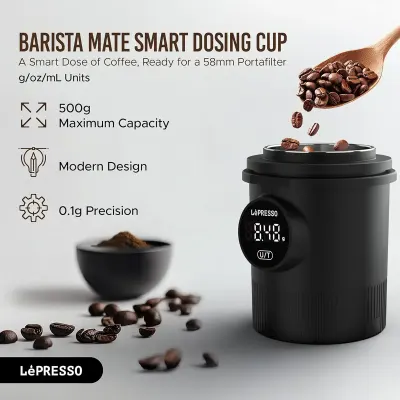 Lepresso Smart Coffee Dosing Cup with 0.1g Digital Scale, 500g Capacity, 58mm Portafilter Compatibility, USB-C Rechargeable Battery and Multi-Unit Measurement – Black