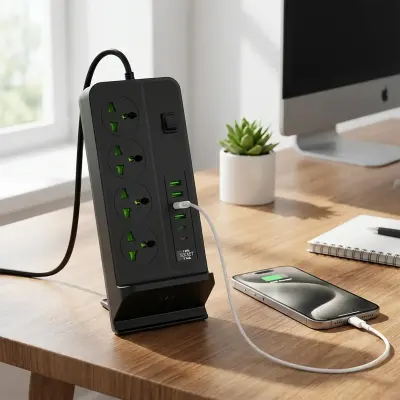 HeatZ 10-in-1 Power Socket with 4 Universal Outlets, 6 USB Ports & 2 Meter Cable - Black