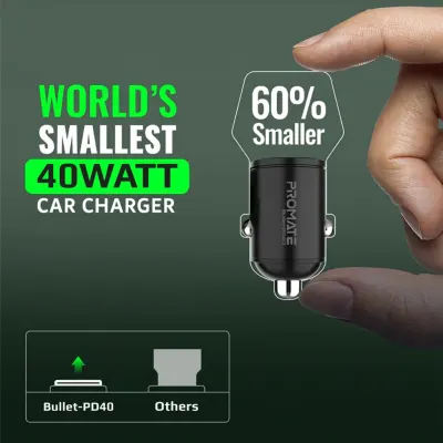 Promate 40W Dual USB-C Car Charger with Power Delivery Fast Charging