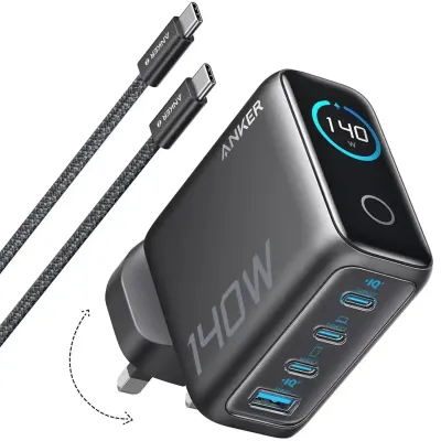 Anker 140W 3-Port USB-C Wall Charger with USB-C to USB-C Cable – GaN Fast Charging
