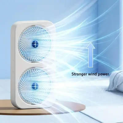 Generic Rechargeable Double-Head Circulating Table Fan with Independent 90° Adjustment, 3-Speed Airflow, Type-C Charging, Low-Noise Operation, Carry Handle and Mobile Phone Holder Green