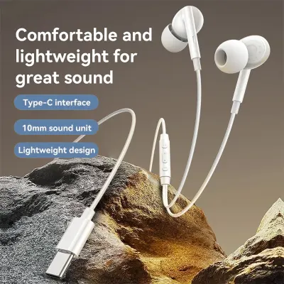 Yesido Earphones with Wired Control and Ergonomic Design, 3 Buttons and Type-C Connector, Yesido YH45 - White